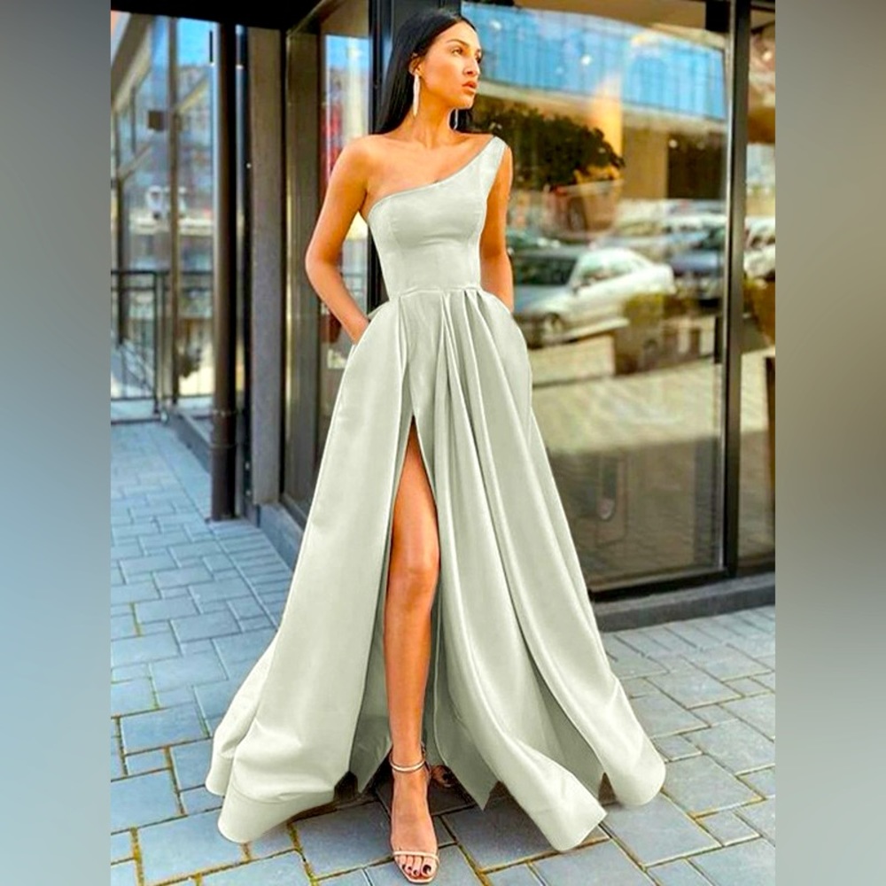 A-Line/Princess Satin Ruffles One-Shoulder Sleeveless Floor-Length Dresses NWOT